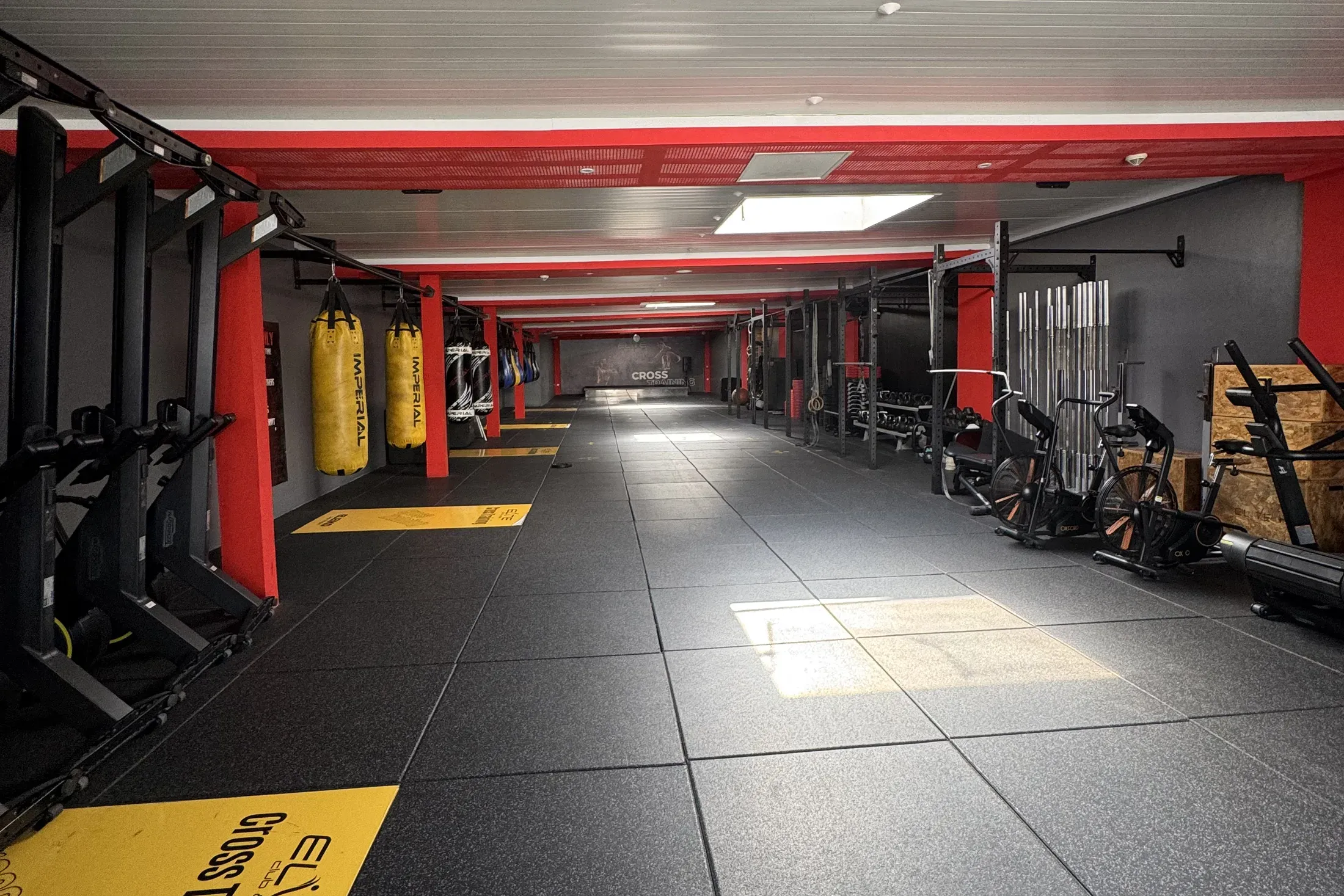 Salle Cross Training vue en longueur : cages, sacs de frappe et tapis jaune Elite Cross Training