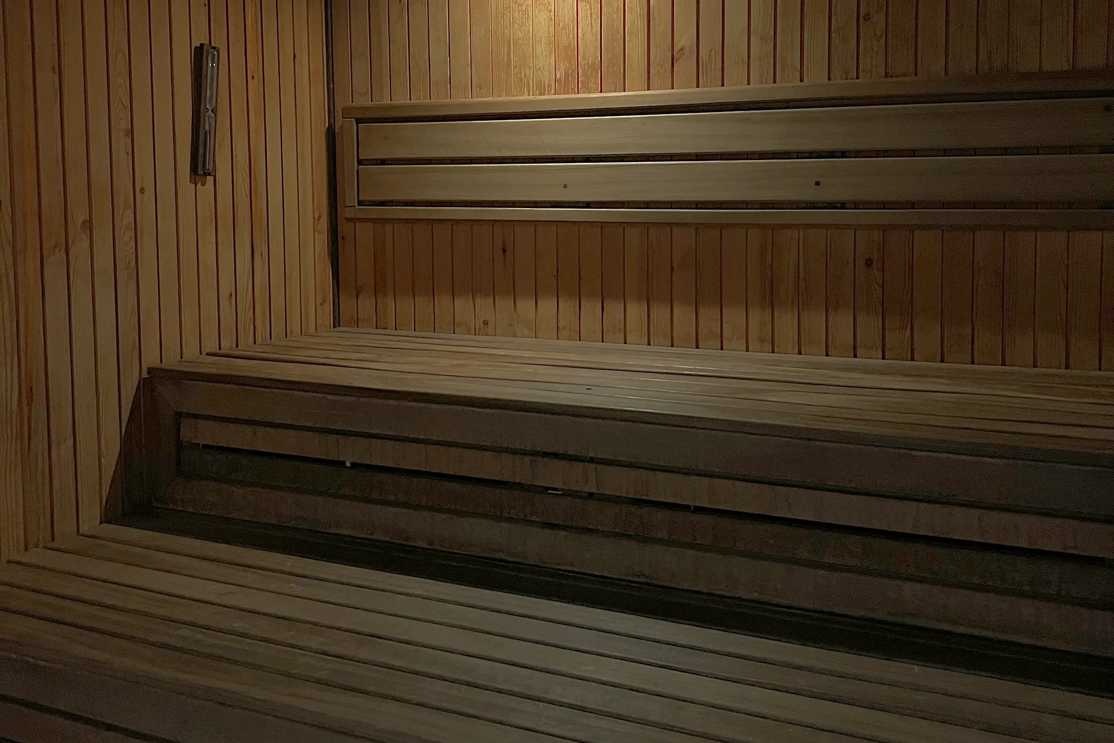Intérieur du sauna : banquettes et parois en bois, lumière chaude